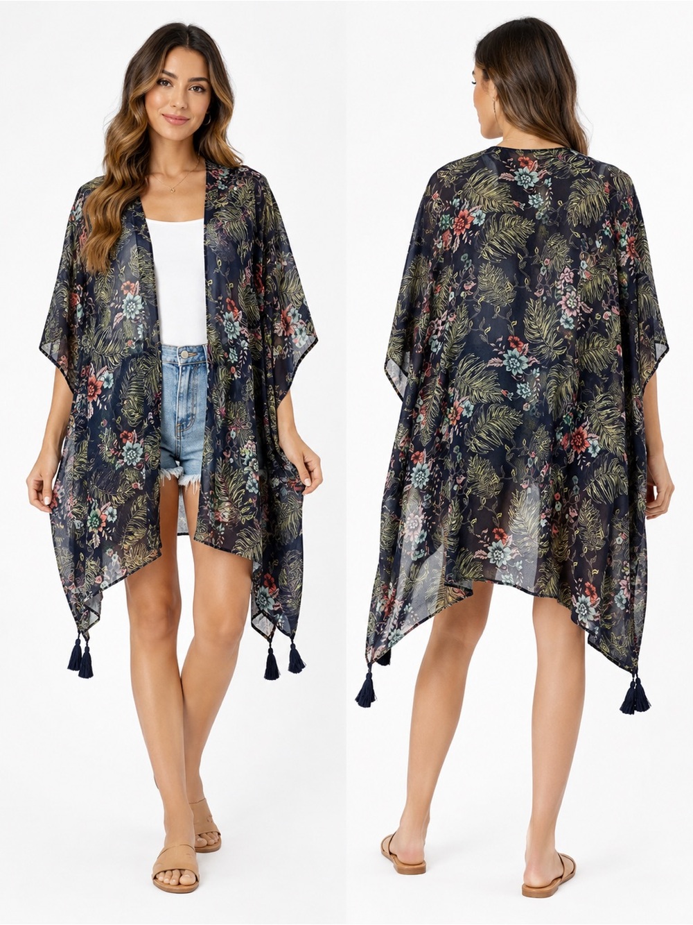 Jolt Navy Floral Sheer Kimono Swim Coverup with Tassels